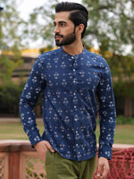 Men's Ethnic Print Pure Cotton Navy Blue Casual Shirt - SanskrutiHomes