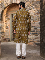 Men's Ethnic Motifs Pure Cotton Olive Printed Kurta - SanskrutiHomes