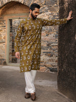 Men's Ethnic Motifs Pure Cotton Olive Printed Kurta - SanskrutiHomes