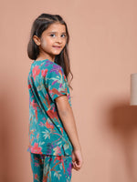 Blue Floral Printed Round Neck Kids Night Suit - SanskrutiHomes