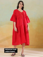 Red Color Linen Blend V-Neck Dress for Women - SanskrutiHomes