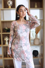 Grey Floral Print Square Neck Cotton Top for Women - SanskrutiHomes