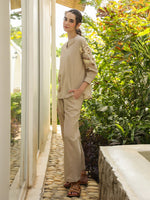 Cream Mandarin Collar Pure Cotton Solid Top Co-ords Set for Women - SanskrutiHomes