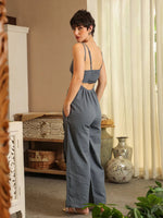 Blue V-Neck Pure Cotton Solid Top Co-ords Set for Women - SanskrutiHomes