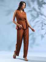 Brown Solid V-Neck Polyester Co-ord Set for Women - SanskrutiHomes