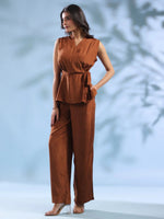 Brown Solid V-Neck Polyester Co-ord Set for Women - SanskrutiHomes