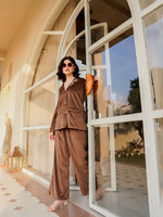Brown Viscose Velvet Solid Shirt Collar Co-ords Set for Women - SanskrutiHomes