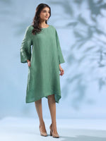 Green Solid Linen Round Neck Dress for Women - SanskrutiHomes