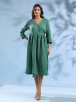 Green Solid Linen V-Neck Dress for Women - SanskrutiHomes