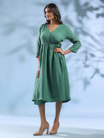 Green Solid Linen V-Neck Dress for Women - SanskrutiHomes