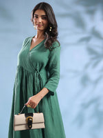 Green Solid Linen V-Neck Dress for Women - SanskrutiHomes