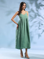 Green Dyed Linen V-Neck Dresses for Women - SanskrutiHomes