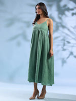 Green Dyed Linen V-Neck Dresses for Women - SanskrutiHomes