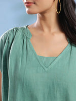 Green Solid Print Linen V-Neck Dresses for Women - SanskrutiHomes