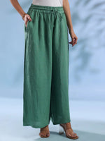 Green Solid Drawstring Linen Lounge Pants for Women - SanskrutiHomes