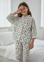White Abstract Printed Pure Cotton Shirt Collar Night Suit for Kids - SanskrutiHomes