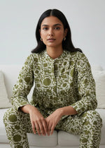 Olive Green Solid Printed Mandarin Collar Co-Ord Set for Women - SanskrutiHomes