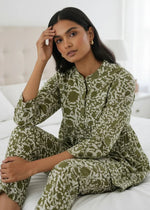 Olive Green Solid Printed Mandarin Collar Co-Ord Set for Women - SanskrutiHomes