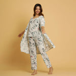 White Cotton Printed 3 PEICE Night Suit Set with Payjama - SanskrutiHomes