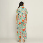 Green Cotton Floral Print Shirt Collar Night Suit Set with Pajama - SanskrutiHomes