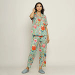Green Cotton Floral Print Shirt Collar Night Suit Set with Pajama - SanskrutiHomes