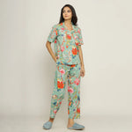 Green Cotton Floral Print Shirt Collar Night Suit Set with Pajama - SanskrutiHomes