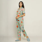 Green Cotton Floral Print Shirt Collar Night Suit Set with Pajama - SanskrutiHomes