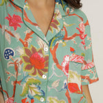 Green Cotton Floral Print Shirt Collar Night Suit Set with Pajama - SanskrutiHomes