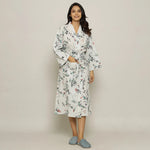 White Cotton Hand printed kimono robe - SanskrutiHomes
