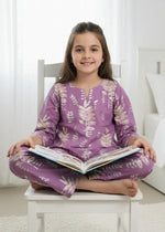 Purple Leaf Print Round Neck Cotton Night Suit Set for Kids - SanskrutiHomes