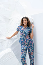 Blue Floral Printed Cotton Night Suit Set - SanskrutiHomes