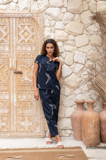 Navy Blue Printed Cotton Night Suit Set - SanskrutiHomes