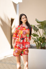 Women Abstract Printed Red Night Suit Set - SanskrutiHomes