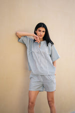 Blue Pure Cotton Striped V-Neck night suit for women - SanskrutiHomes