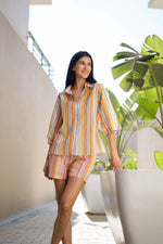 Orange Pure Cotton Printed Shirt Collar Night Suit for Women - SanskrutiHomes