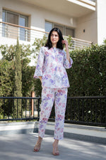 White Floral Printed Round Neck Night Suit Set - SanskrutiHomes
