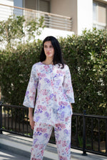 White Floral Printed Round Neck Night Suit Set - SanskrutiHomes