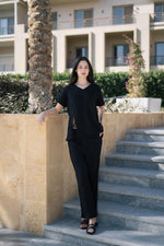 Black Pure Cotton Solid V-Neck night suit for women - SanskrutiHomes