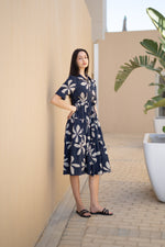 Navy Blue Floral Printed Shirt Collar Dress - SanskrutiHomes
