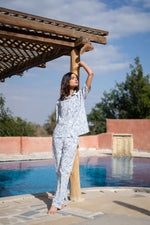 Blue Shirt Collar Abstract Printed Pure Cotton Night Suit - SanskrutiHomes