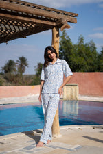 Blue Shirt Collar Abstract Printed Pure Cotton Night Suit - SanskrutiHomes