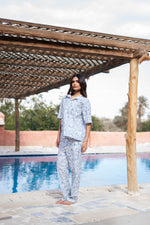 Blue Shirt Collar Abstract Printed Pure Cotton Night Suit - SanskrutiHomes