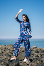 Women Blue Cotton Printed Night Suit Set - SanskrutiHomes