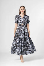 Black Floral Printed Cotton V-Neck Dress - SanskrutiHomes