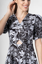 Black Floral Printed Cotton V-Neck Dress - SanskrutiHomes