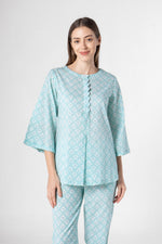 Sky Blue Flower Printed Cotton Night Suit Set - SanskrutiHomes