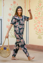 Black Cotton Printed Night Suit Set with Payjama - SanskrutiHomes