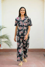 Black Cotton Printed Night Suit Set with Payjama - SanskrutiHomes