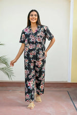 Black Cotton Printed Night Suit Set with Payjama - SanskrutiHomes