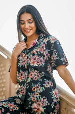 Black Cotton Printed Night Suit Set with Payjama - SanskrutiHomes